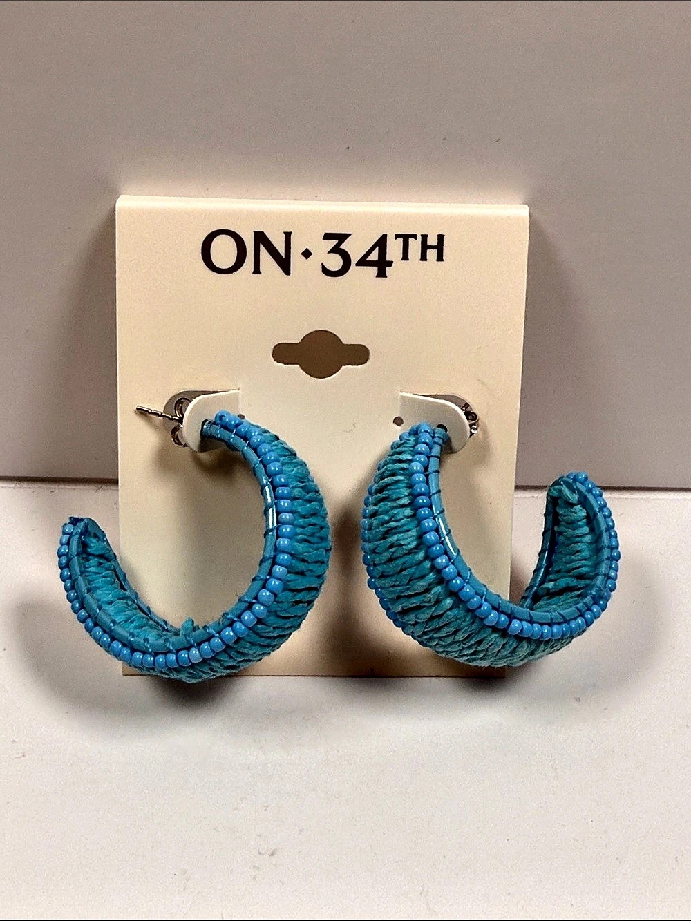 ON·34TH Silver-Tone Medium Color Seed Bead & Raffia C-Hoop Earrings Blue Seed